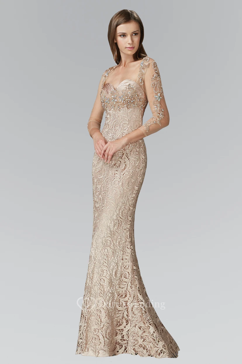 Sheath Floor-Length Sweetheart Long Sleeve Lace Dress With Beading
