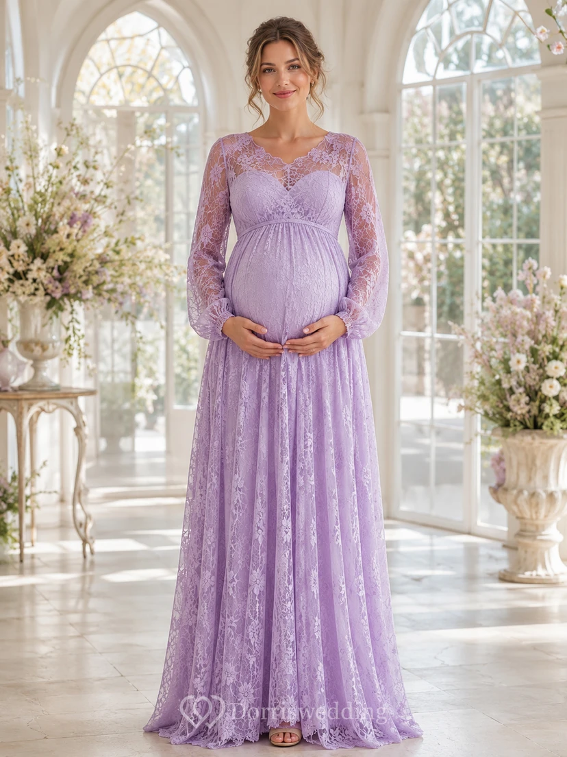 Robe de maternité lavande à manches longues, col en V, en dentelle, style empire, longueur au sol, romantique et formelle