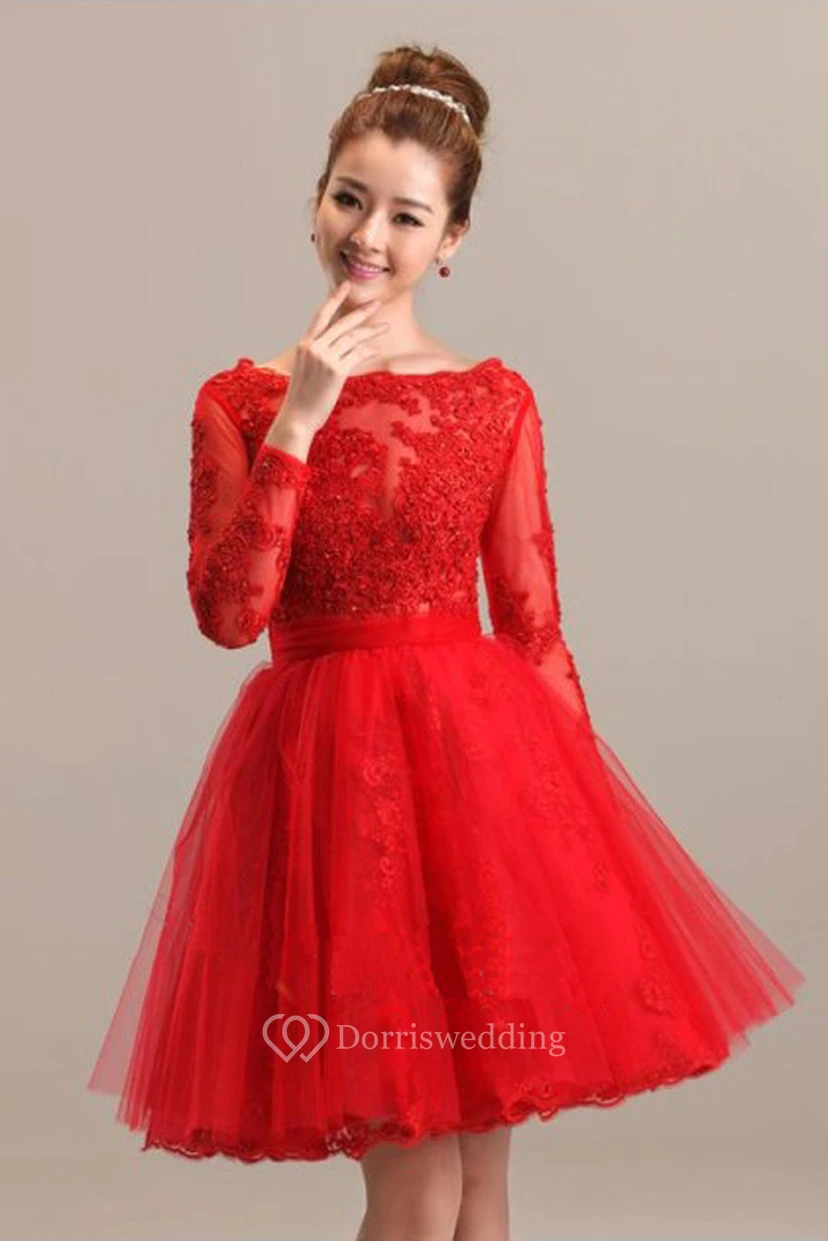 Lace and Tulle A-line Bateau Knee Length Dress with Pleats view 2