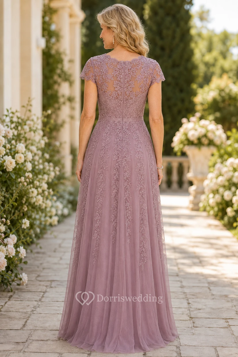Mauvefarbenes A-Linien-Kleid aus Spitze mit kurzen Ärmeln view 2