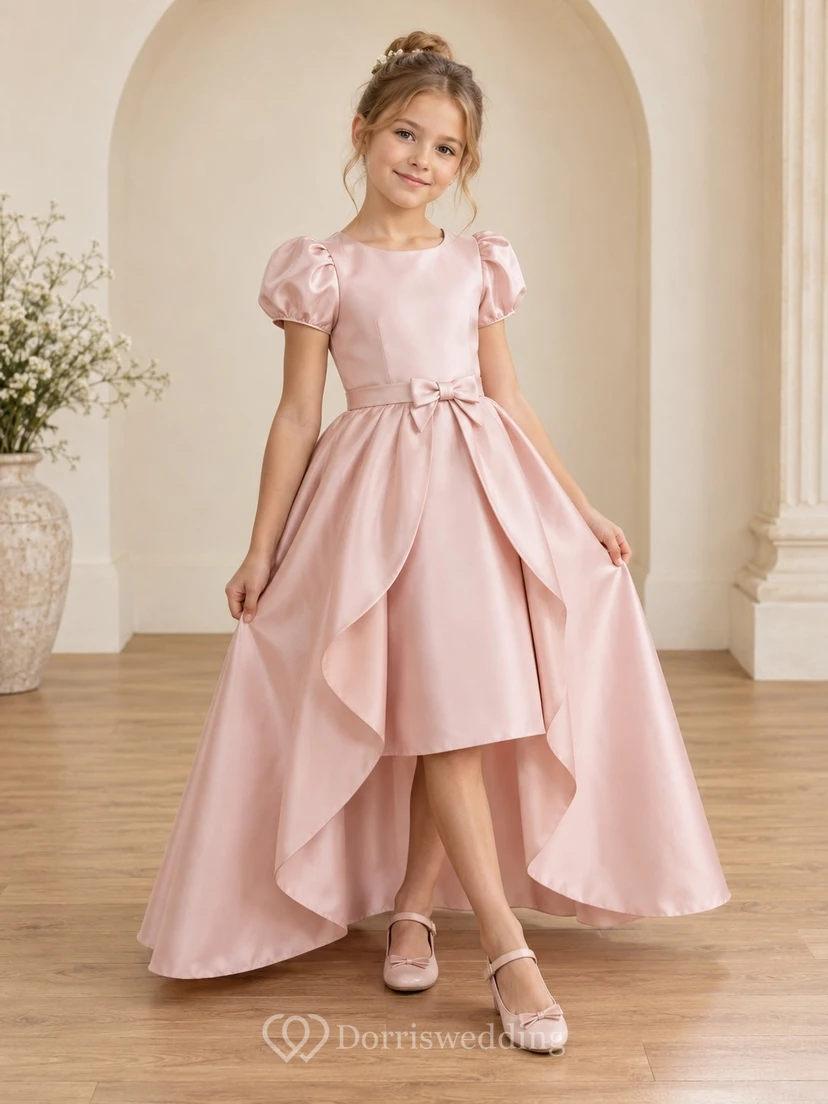High-low Blush Puff Sleeve Bow Layered Satin Flower Girl Dress