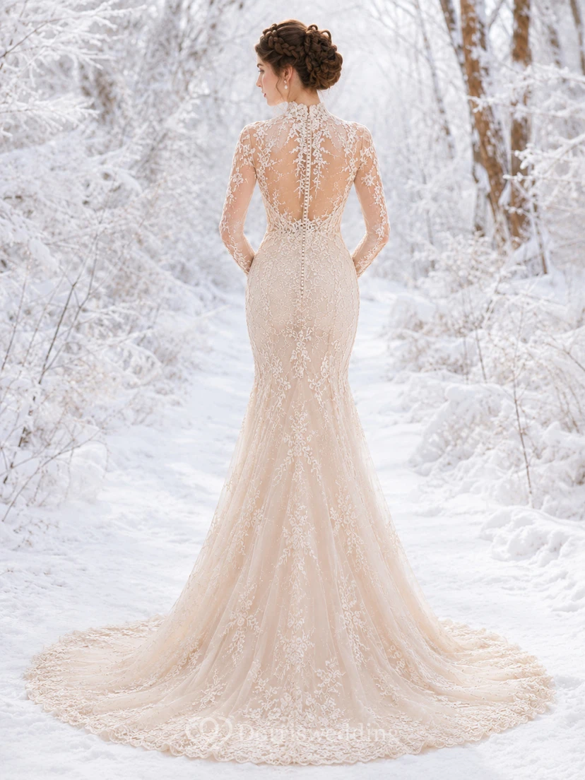Vestido de novia de sirena de manga larga con encaje y efecto ilusión invernal view 2