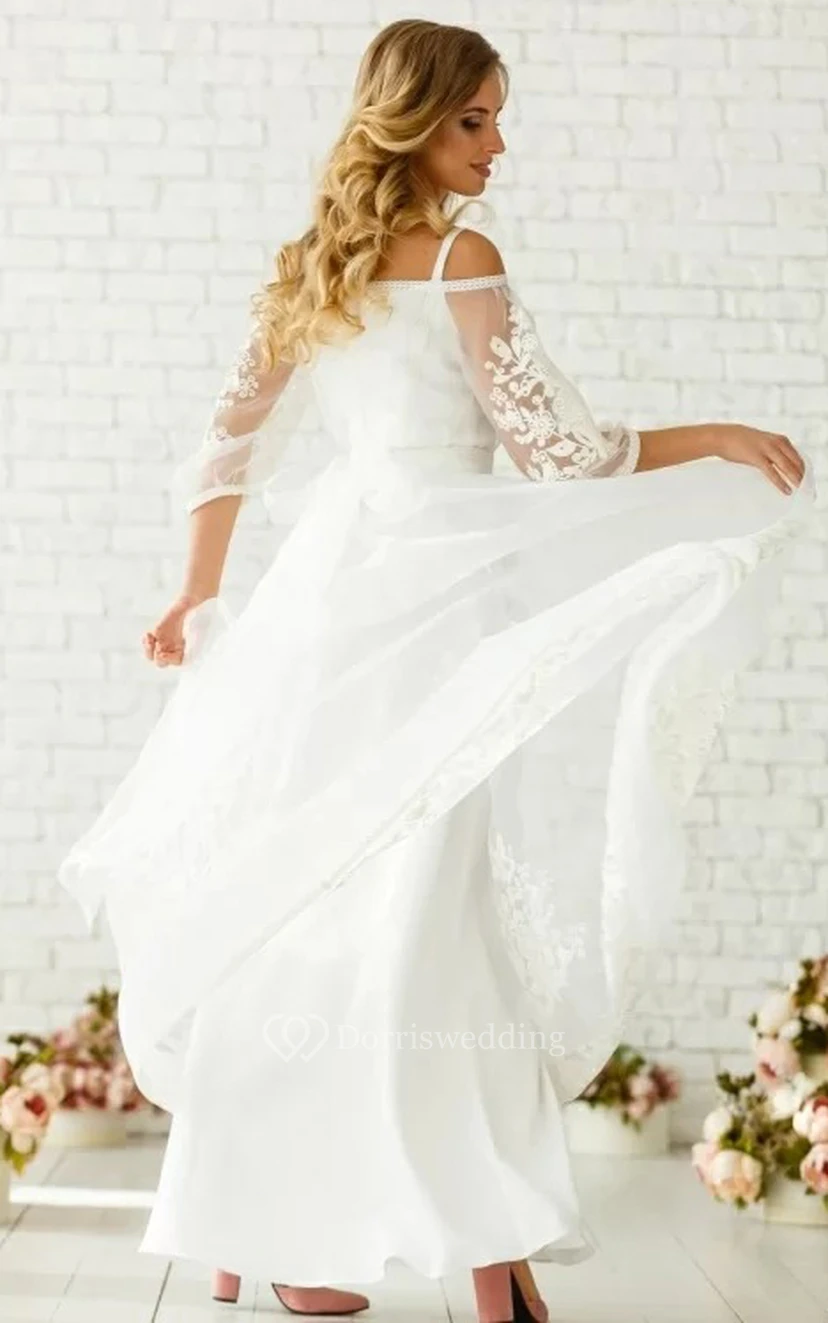 Ätherisches A-Linien-Brautkleid aus Tüll, bodenlang, mit 3/4-Ärmeln, Reißverschluss und Applikationen view 2