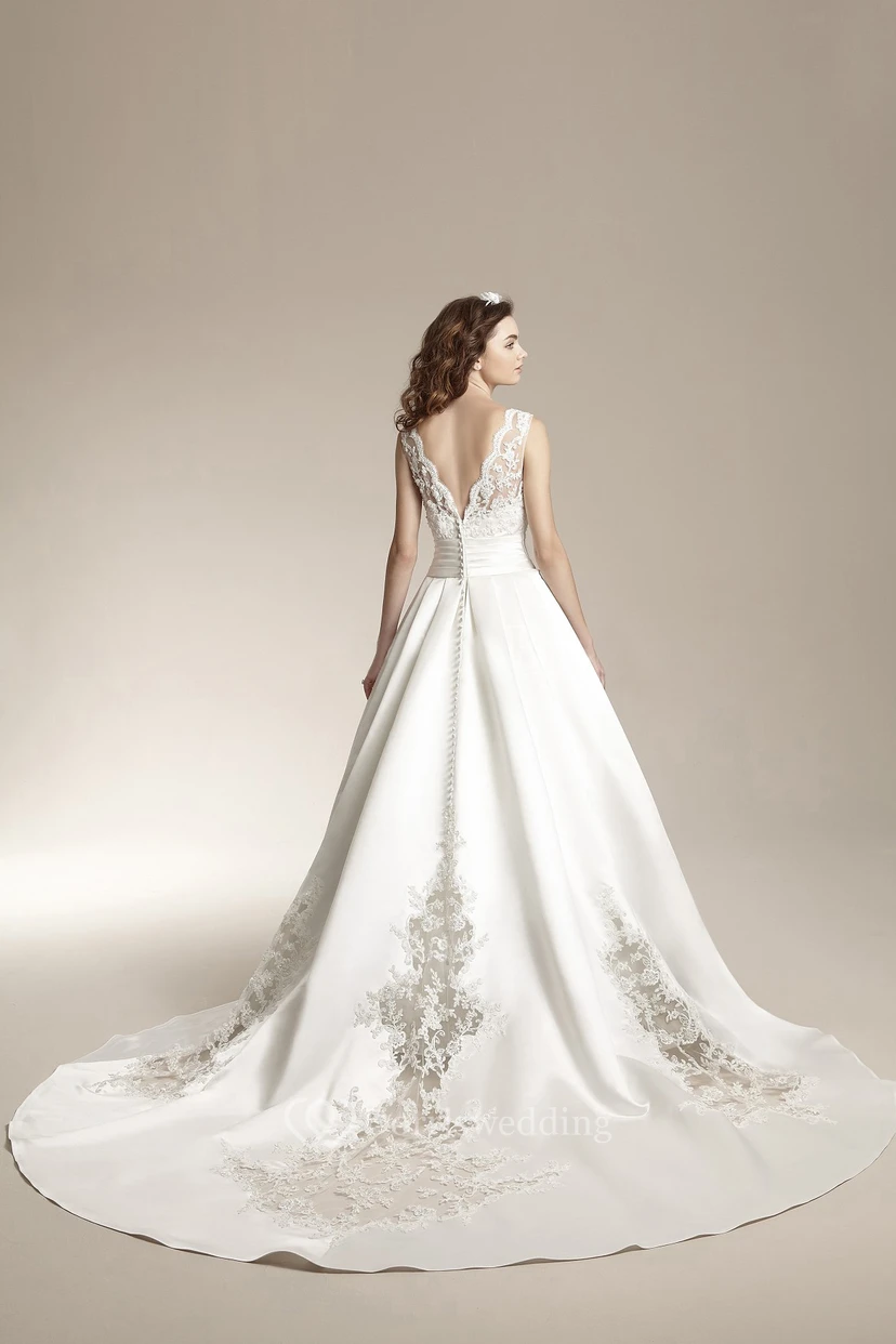 Sleeveless V-Neck Ballgown With Appliques And Lace Detail view 2