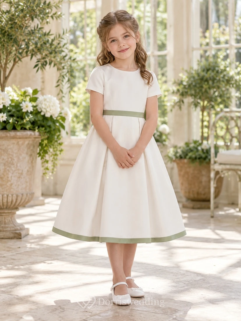 Simple Tea-length Ivory Jewel Short-sleeve Pleated Sage-banded Zipper-back A-line Flower Girl Dress