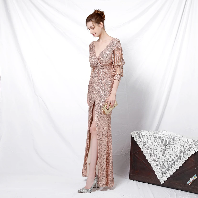 Elegantes, langärmeliges Paillettenkleid im Meerjungfrauenstil mit Meerjungfrauenschnitt – perfekt für festliche Anlässe. view 34