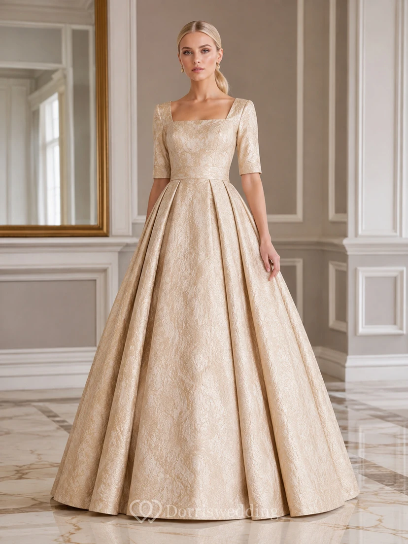 Brocade Champagne Square-Neck Half-Sleeve Floral-Jacquard Taffeta Ball-Gown Floor-Length Vintage Formal Evening Dress