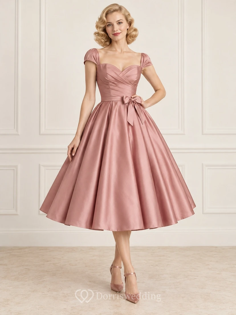 Vestido de dama de honor vintage color rosa empolvado, largo hasta la rodilla, escote corazón, mangas cortas y satén fruncido.