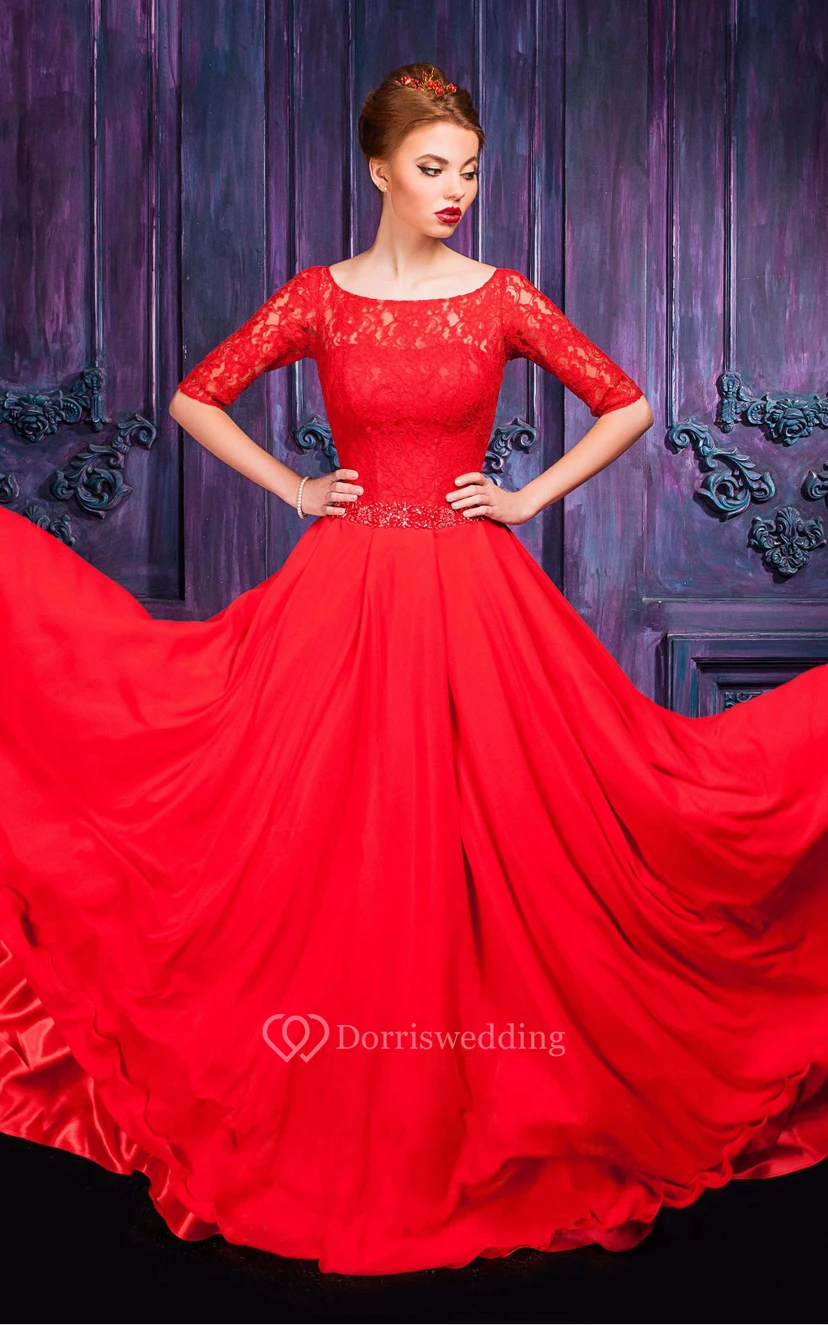 A-line Floor-length Jewel Half Sleeve Chiffon Zipper Dress view 3