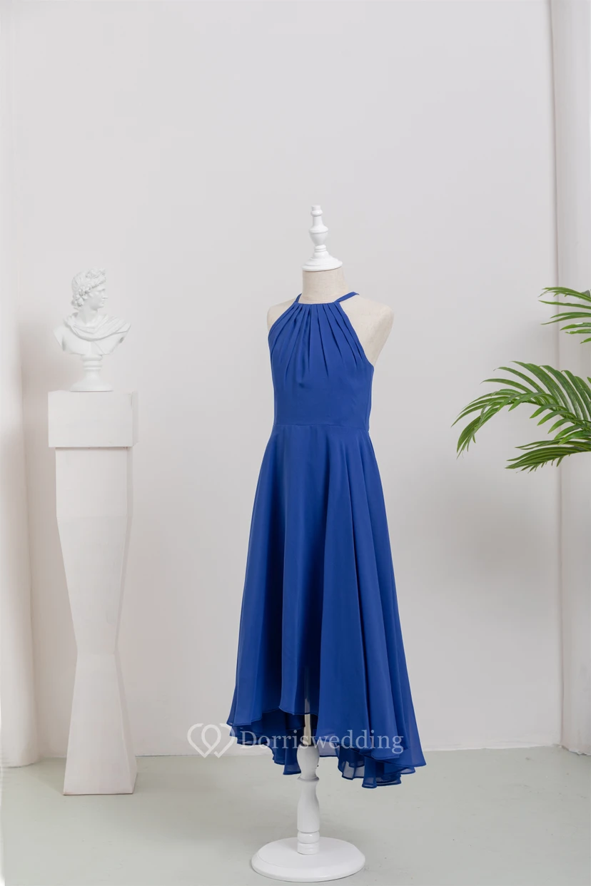 Chiffon Casual High-low Halter Royal Blue Flowergirl Dress view 3