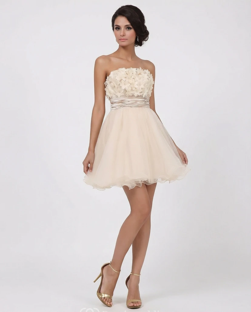 Champagne A-Line Mini Dress with Flowers