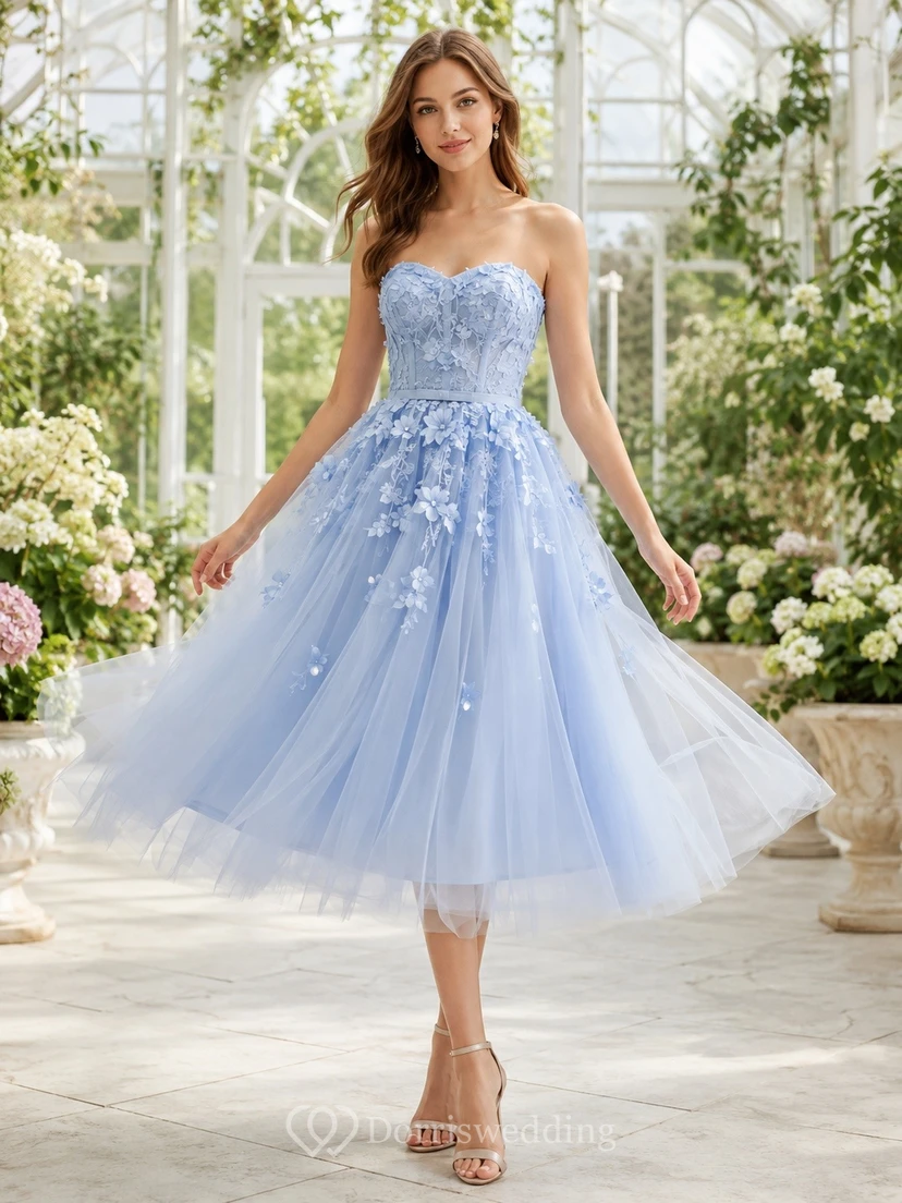 Romantic Sky Blue Strapless Tulle A-Line Tea-length Formal Dress