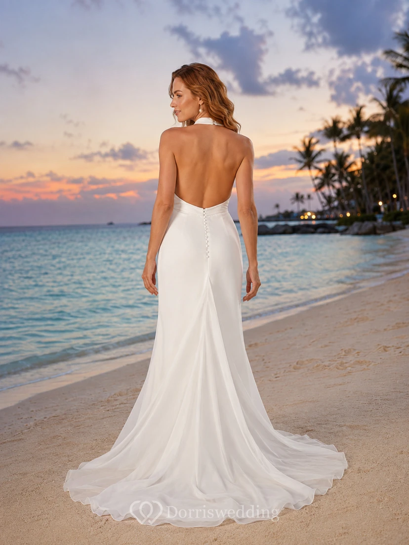 Beach Satin Wedding Dress Mermaid Halter Sleeveless Sweep Train Bridal Gown view 2