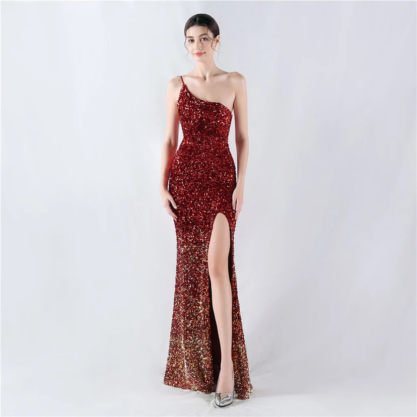 Sexy Abendkleid mit Samtsaum, Farbverlauf, Pailletten, hohem Schlitz und schräger Schulterpartie view 21