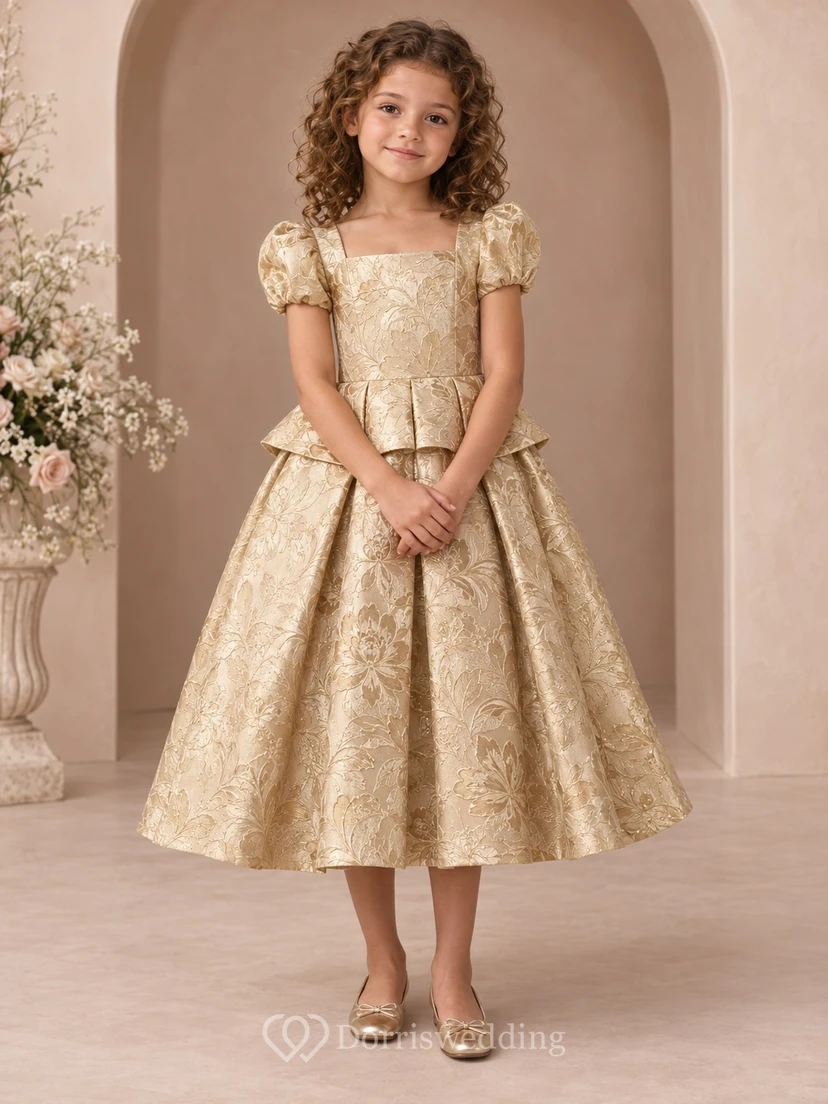 Square Neck Tea-length Gold Puff Sleeve Peplum Flower Girl Dress