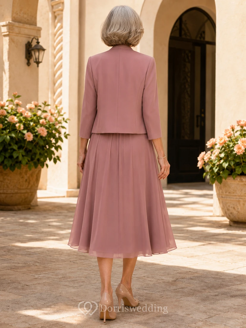 Altrosafarbenes, schlichtes, dreiviertellanges Chiffon-Kleid in A-Linien-Form mit Rundhalsausschnitt – perfekt für die Großmutter der Braut view 2