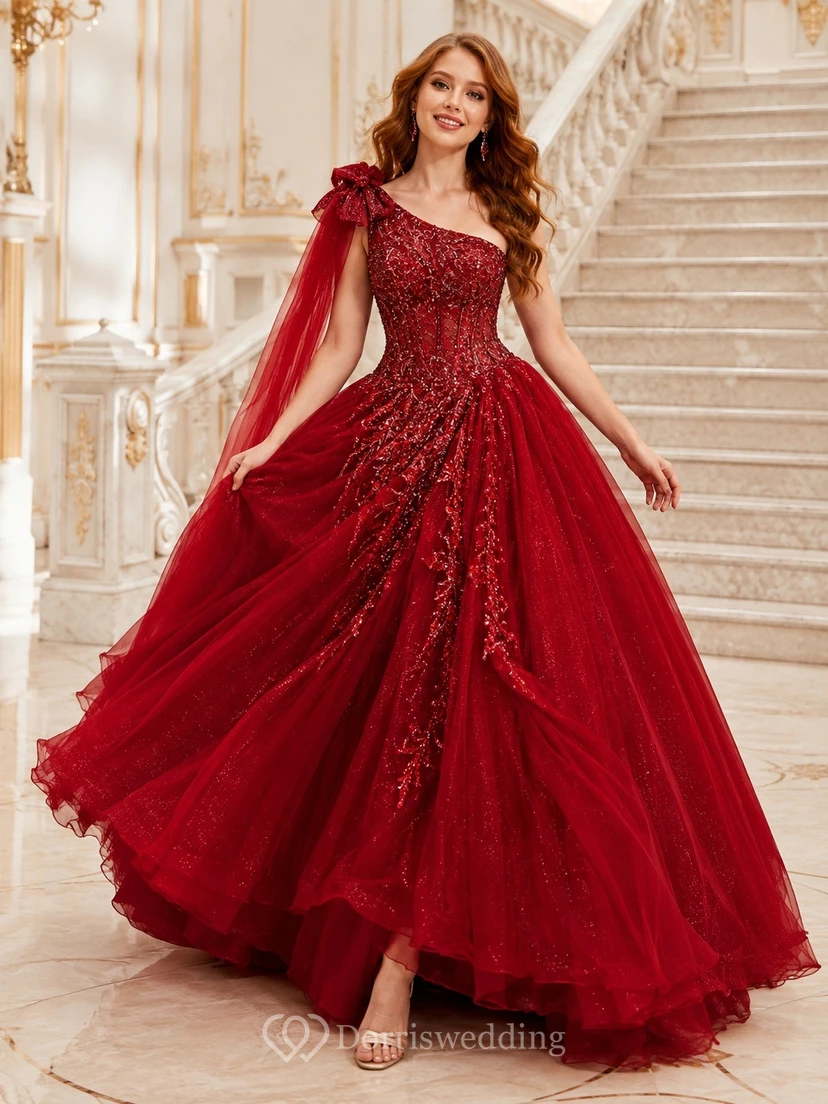 Red Lace Applique Off Shoulder Short Sleeve Ruffled Tulle Ball Gown Formal Dress