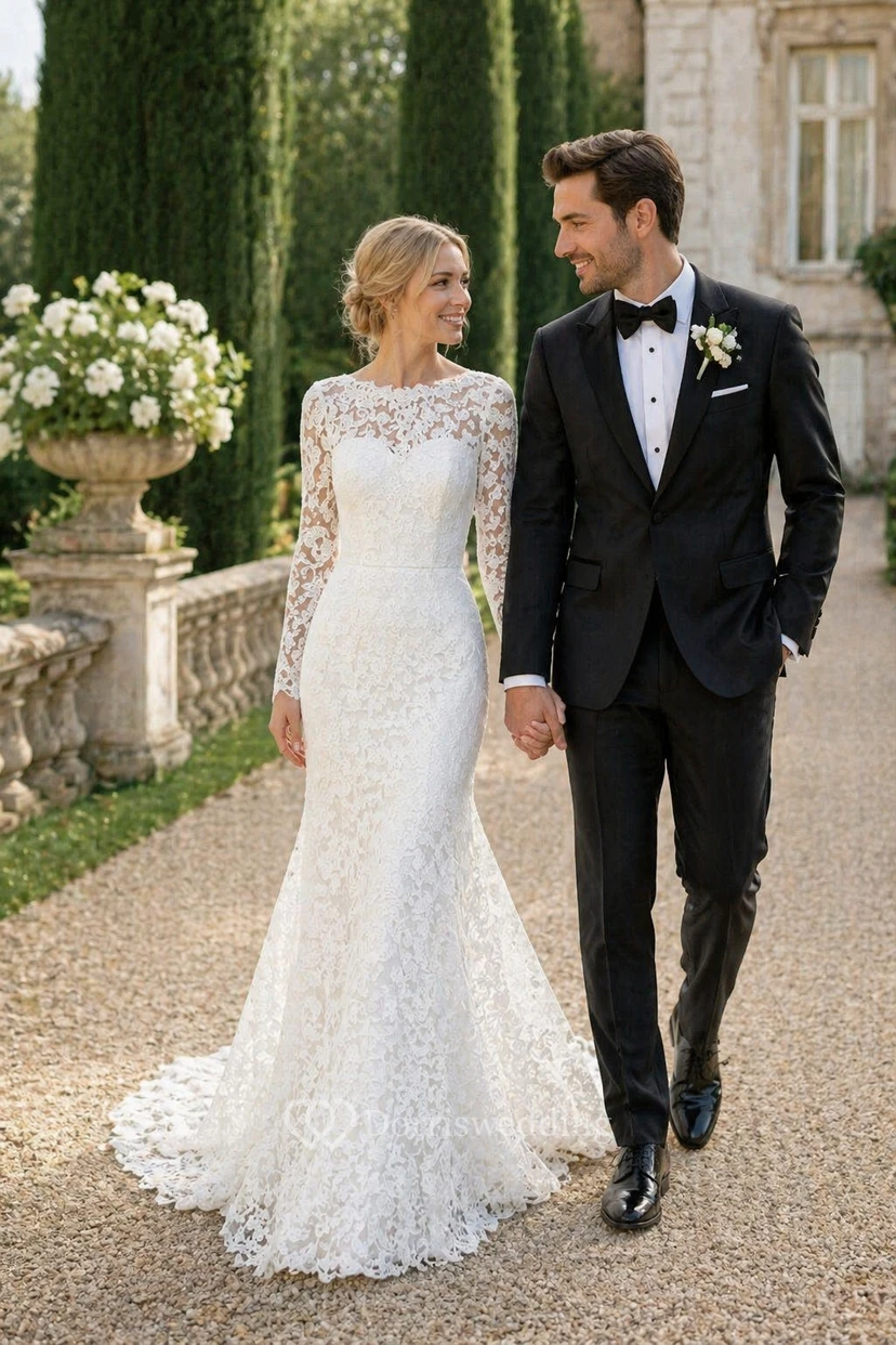 Elegantes, langärmeliges Brautkleid aus Spitze mit U-Boot-Ausschnitt und Meerjungfrauen-Finish sowie V-Ausschnitt am Rücken view 3