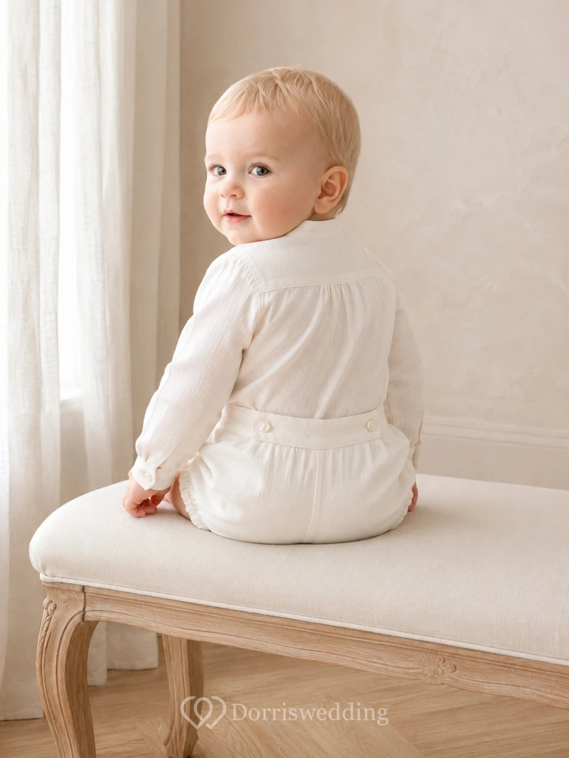 White Pintuck Bib Long Sleeve Peter Collar Christening Romper for Baby Boy view 2