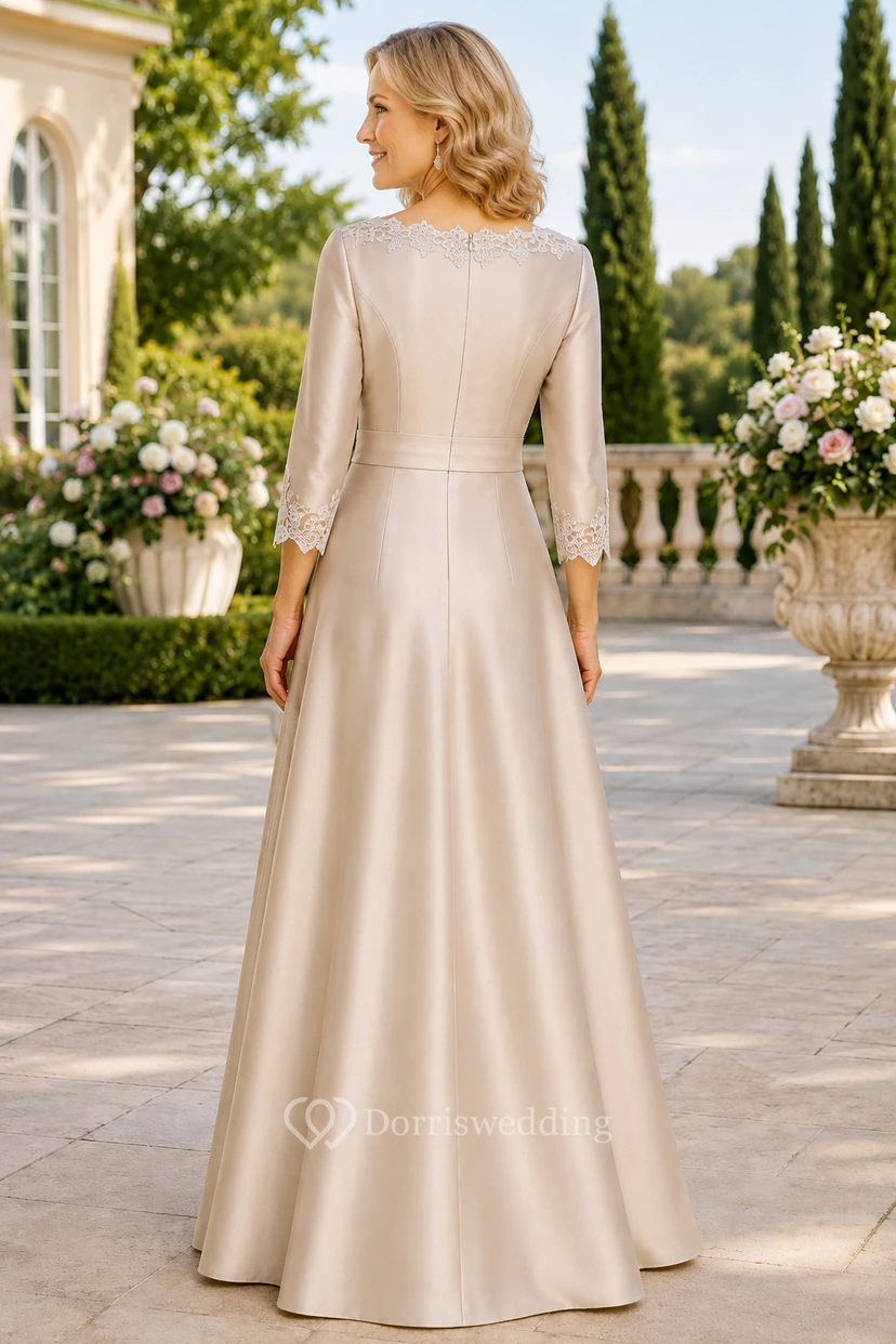 Elegantes, langärmeliges A-Linien-Kleid aus Satin mit Perlenbesatz am Ausschnitt view 2