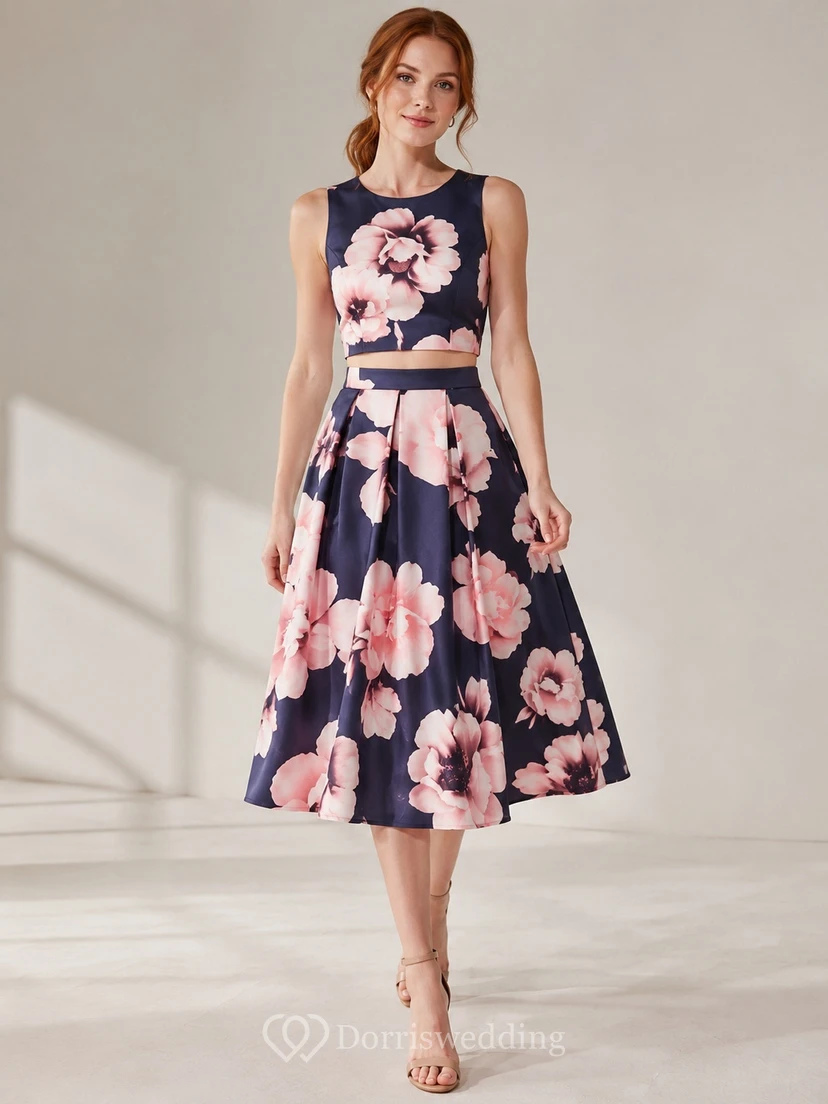 Robe d'invitée romantique bleu marine foncé à fleurs et col rond, coupe trapèze, longueur thé