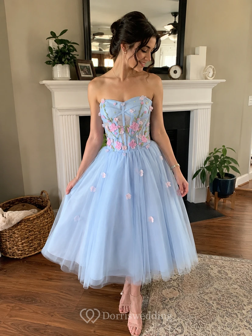 Ivory Strapless Cocktail Dress with Floral Appliqué view 9