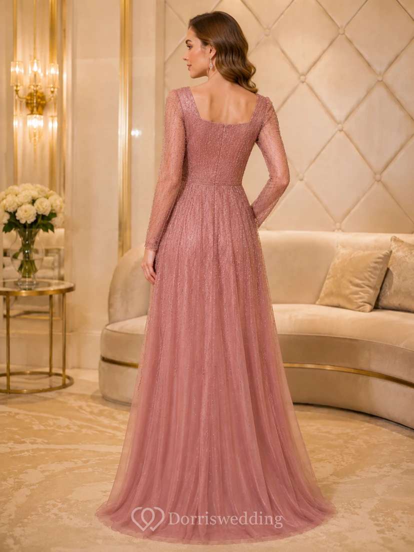 Altrosafarbenes, eckiges Tüllkleid mit langen Illusionsärmeln und langem Illusionsausschnitt für den Empfang view 2