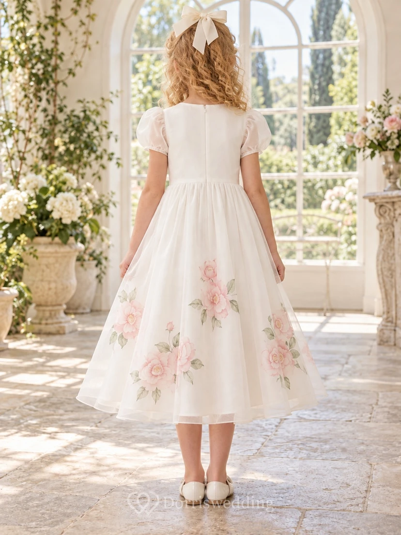 Modest Ivory Tea-length Jewel Short Sheer Puff Sleeves Floral-Cluster Print Gathered Organza A-line Flowergirl Dress view 2