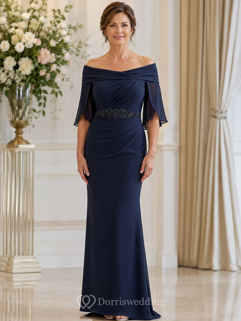 Dark Navy Cape Sleeve Mother Mermaid Gown Dark Navy Off-the-shoulder Mermaid Floor-length