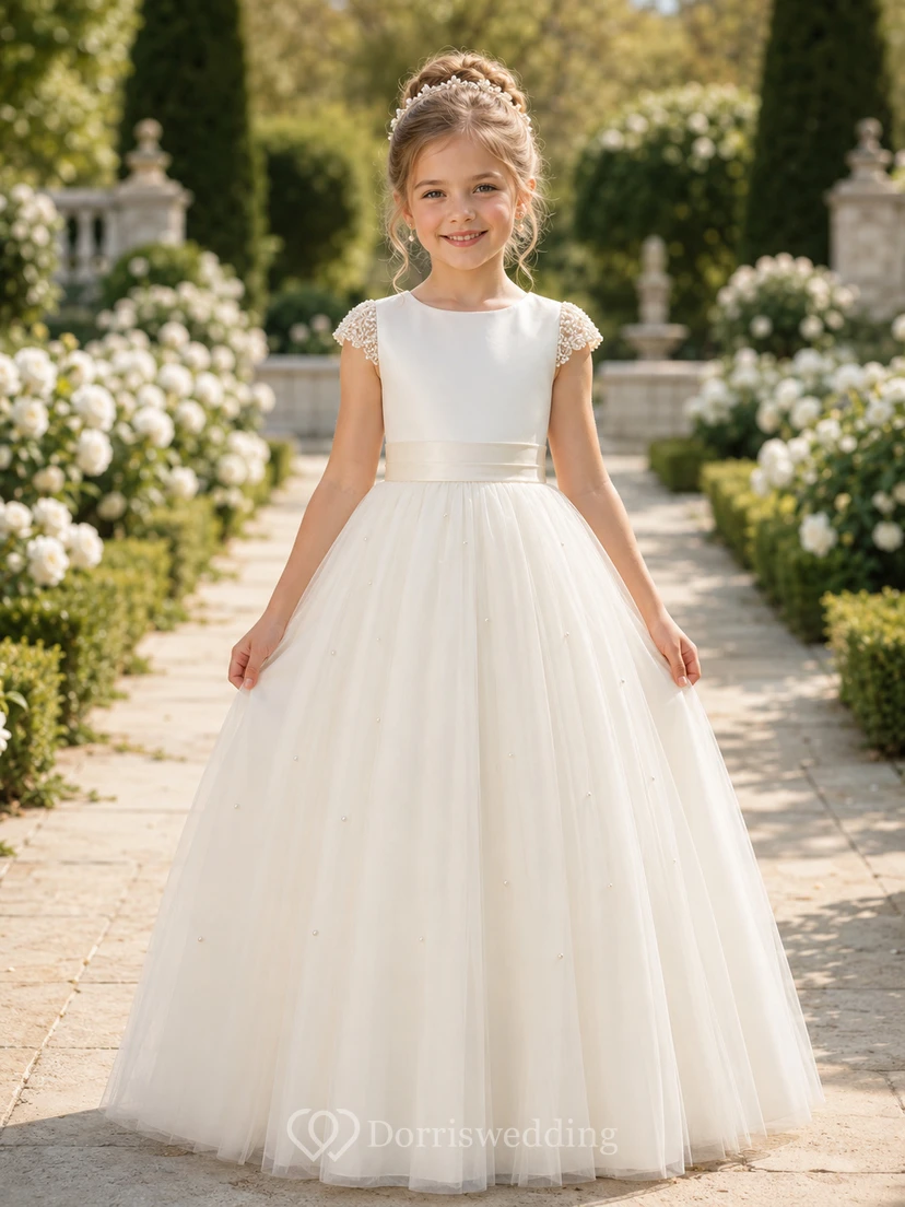 Vestido de niña de las flores, color marfil, tul, corte en A, sin mangas, cuello joya, largo hasta el suelo, detalle de lazo.