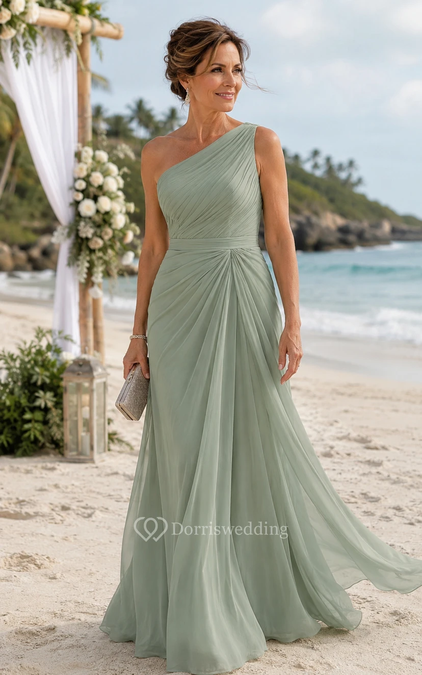 Sage One-Shoulder A-Line Chiffon Floor-Length Mother Dress