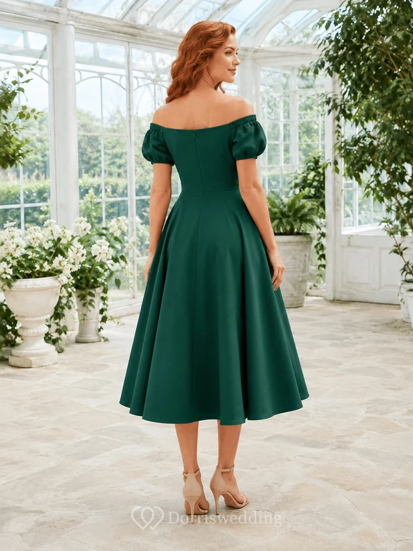 Dark Green Off-the-shoulder Puff Sleeve Tea-length Satin A-line Vintage Dress view 2