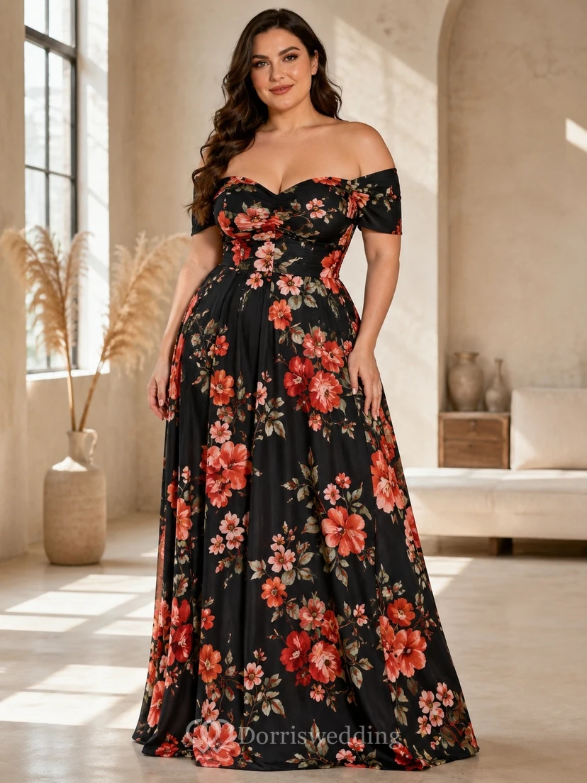 Bohemian Plus Size Black Floral Chiffon A-Line Floor-Length Off-Shoulder Dress