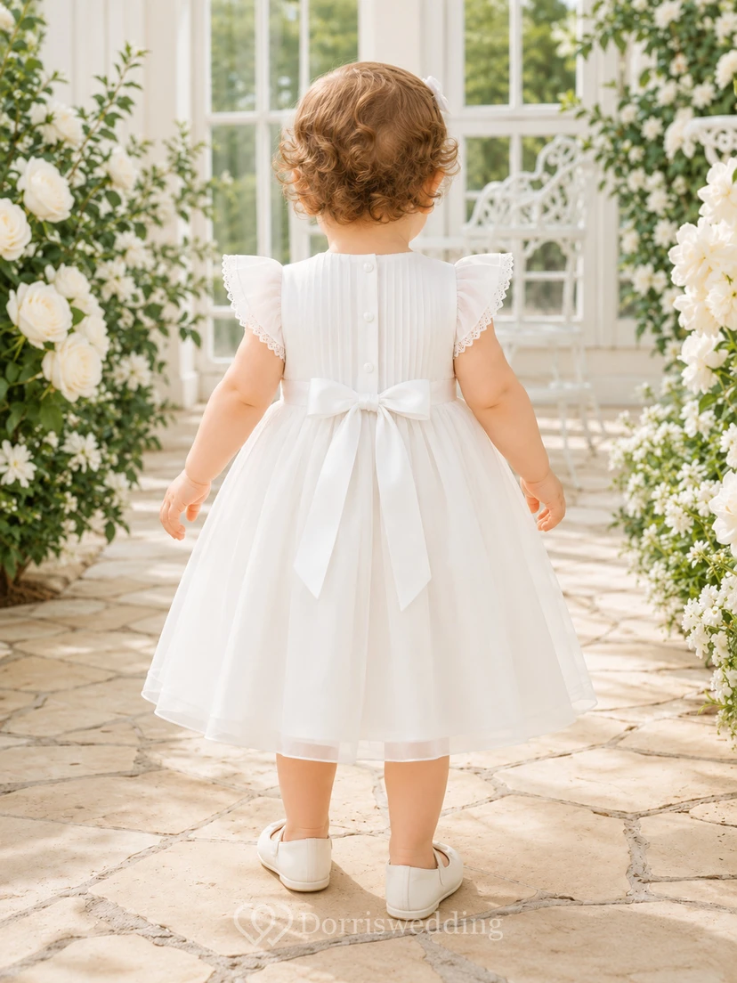 Flutter Sleeve Baptism Dress A-Line Organza Tulle Jewel Neck Simple Bow Back view 2