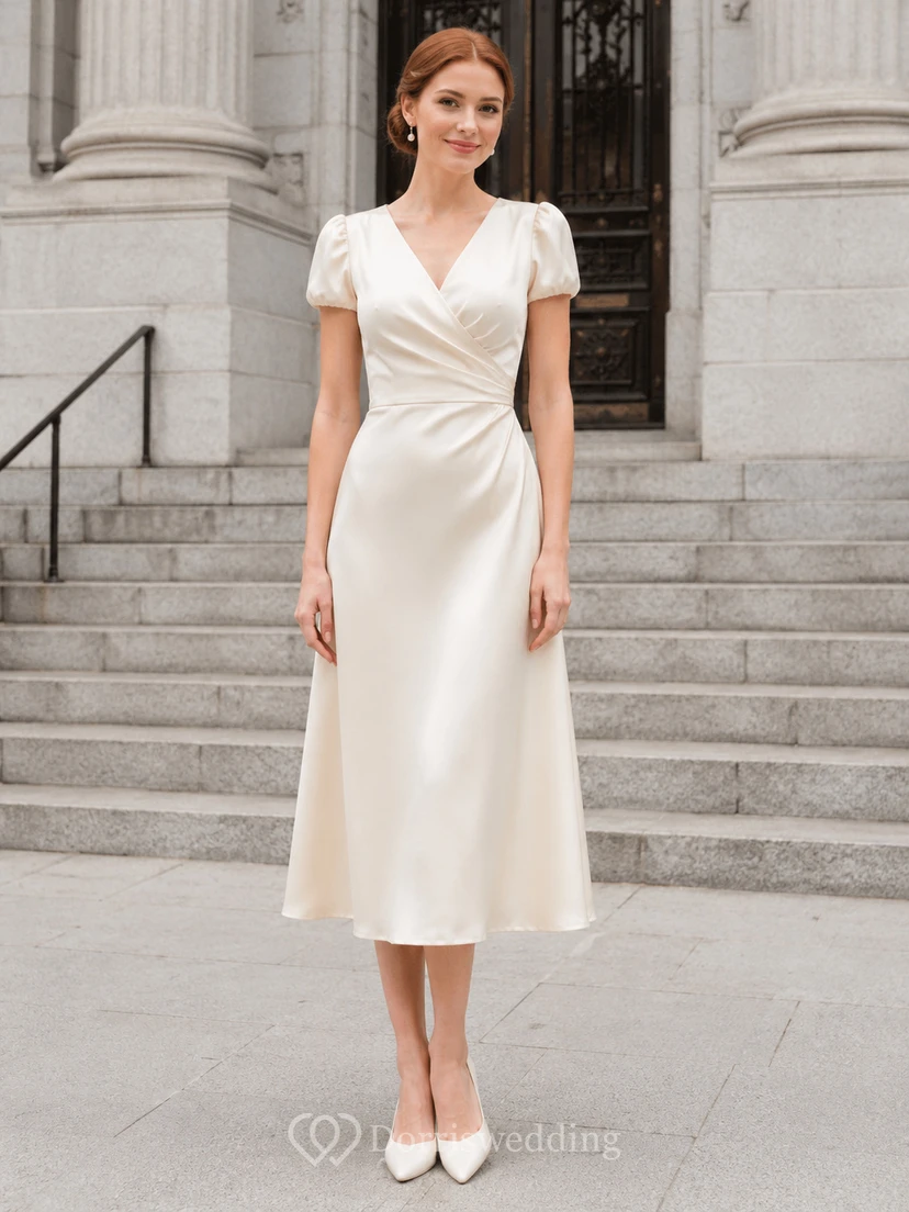 Budget Courthouse V-Ausschnitt Wickel-Satin Midi Brautkleid