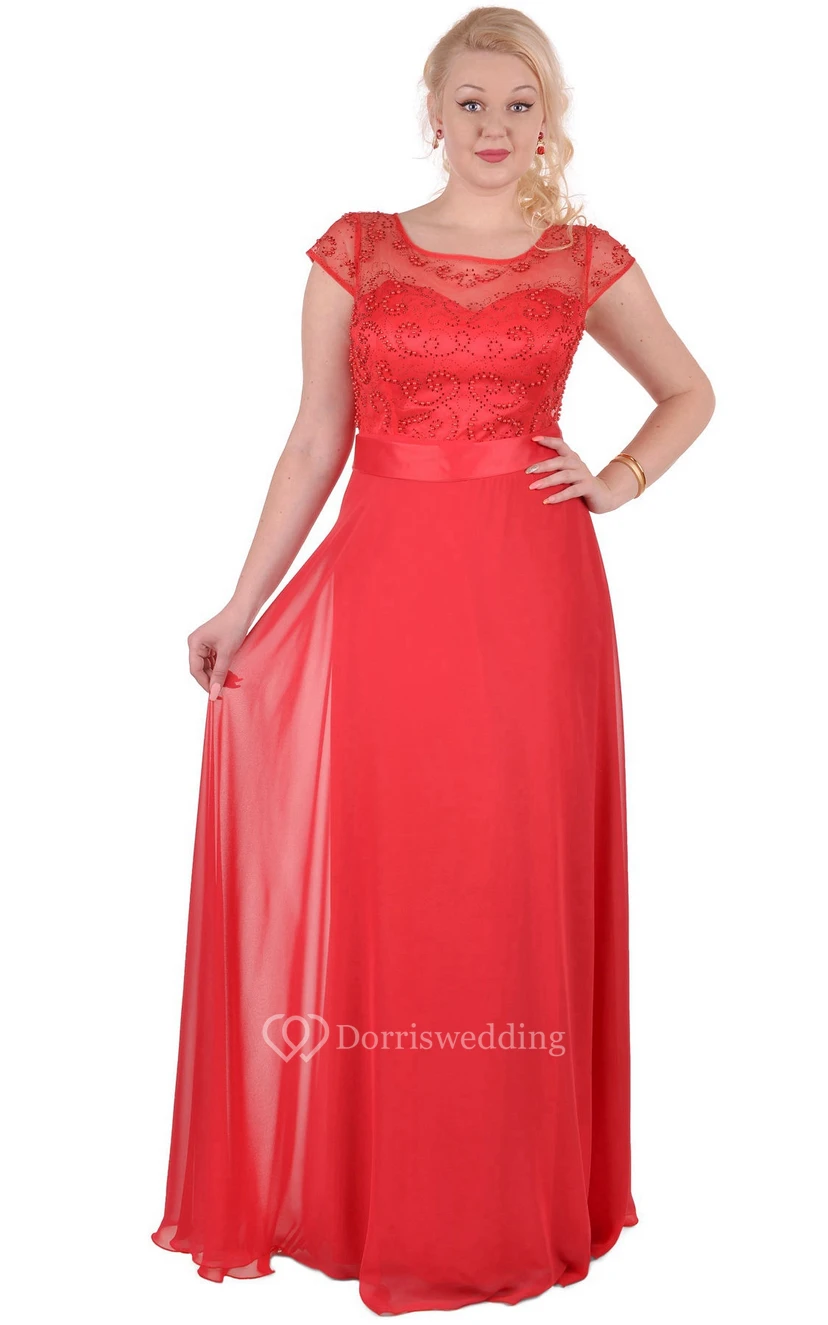 Empire Scoop Short Sleeve Empire Chiffon Sash Illusion Dress