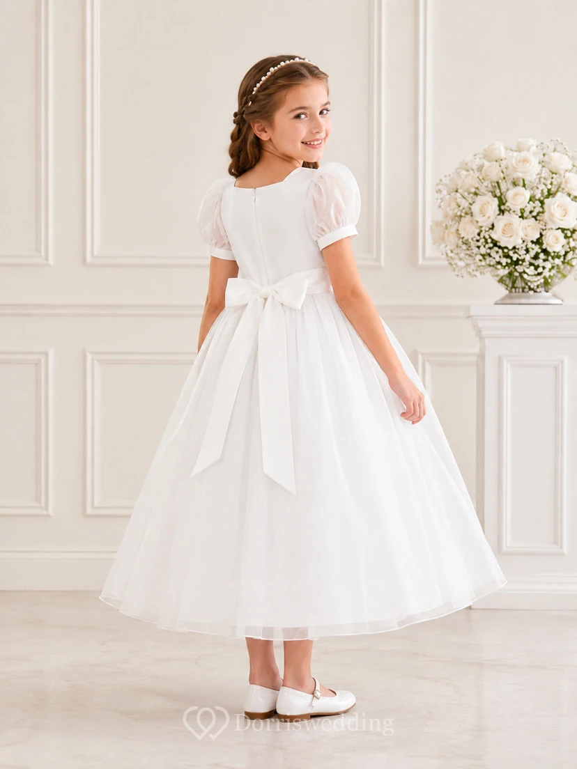 Teelängenkleid aus Tüll mit quadratischem Ausschnitt, Puffärmeln und Blumenmädchen-Flair für Kommunion, Kommun view 2
