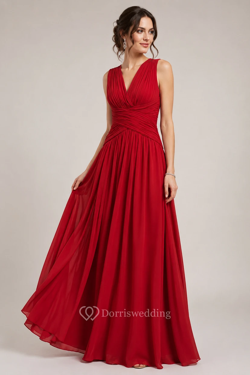 Sleeveless Chiffon V-Neck Dress With Crisscross Ruching view 44