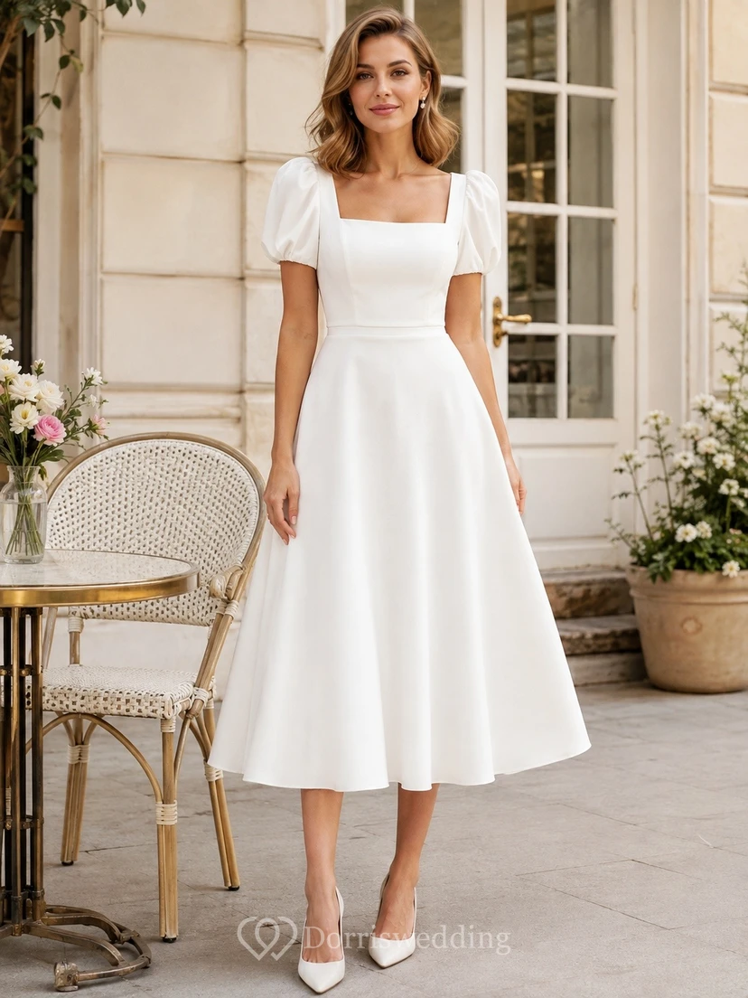 Vestido de novia sencillo de corte A, largo hasta la rodilla, con cuello cuadrado y mangas cortas, ideal para juzgados civiles.