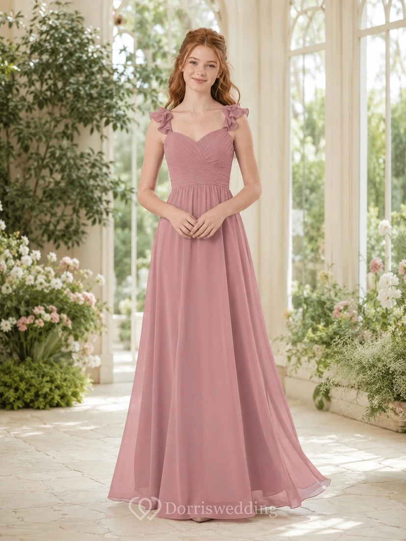Brautjungfernkleid in Altrosa, A-Linie, herzförmiger Schnitt, ärmellos, Rüschen