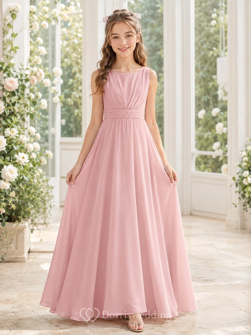 Elegantes, ärmelloses, bodenlanges A-Linien-Brautjungfernkleid in zartem Rosa aus Chiffon mit hohem Kragen