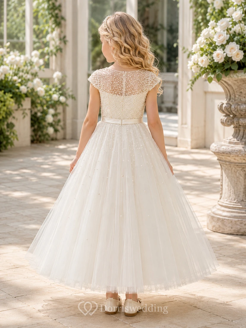 Flower Girl Dress Ivory Lace Tulle A-Line Jewel Neck Tea Length view 2