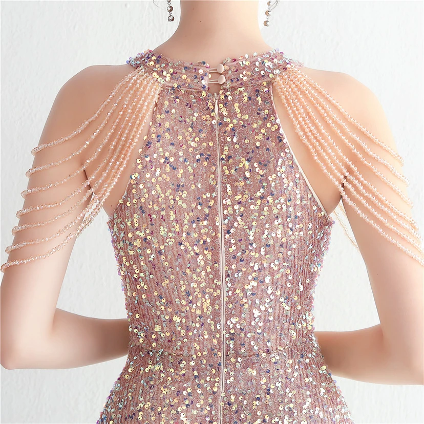 Heavy-Duty Glass Bead Craft Beaded Banquet Evening Dress Temperament Elegant Long Halter Neck Slit Sequins view 37