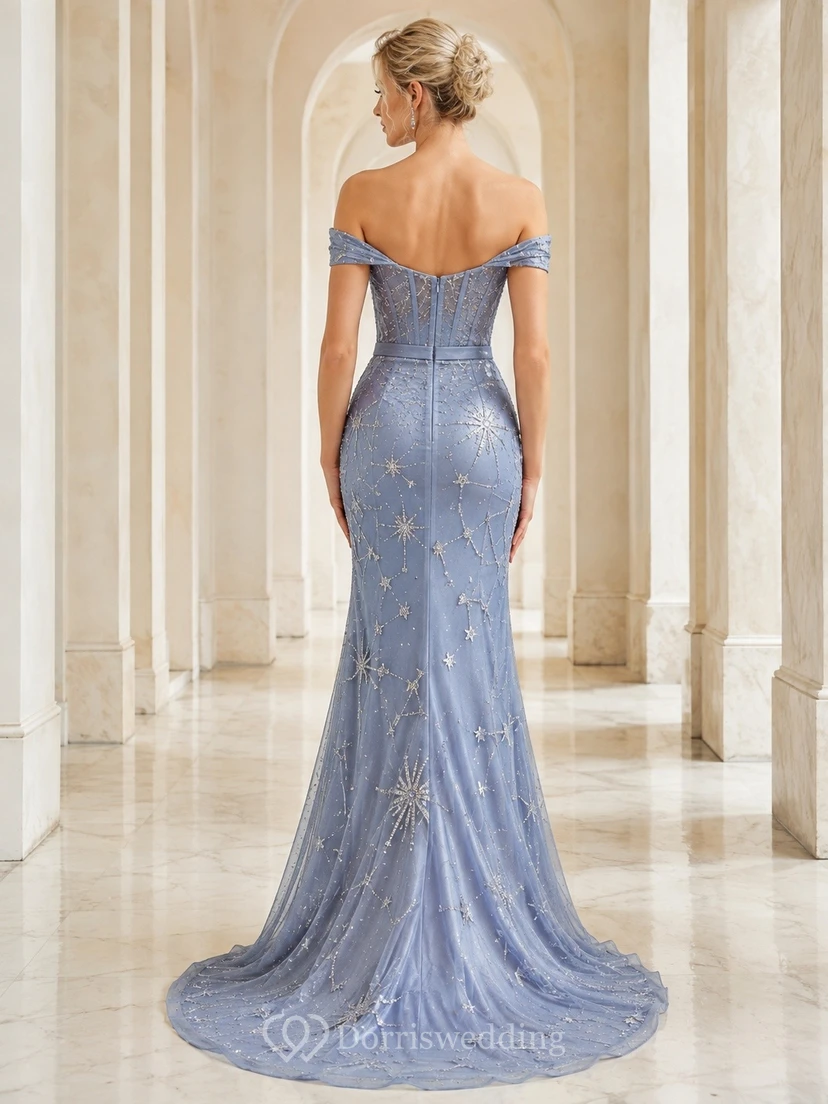Vestido de fiesta sexy de sirena con hombros descubiertos en color plata celestial view 2