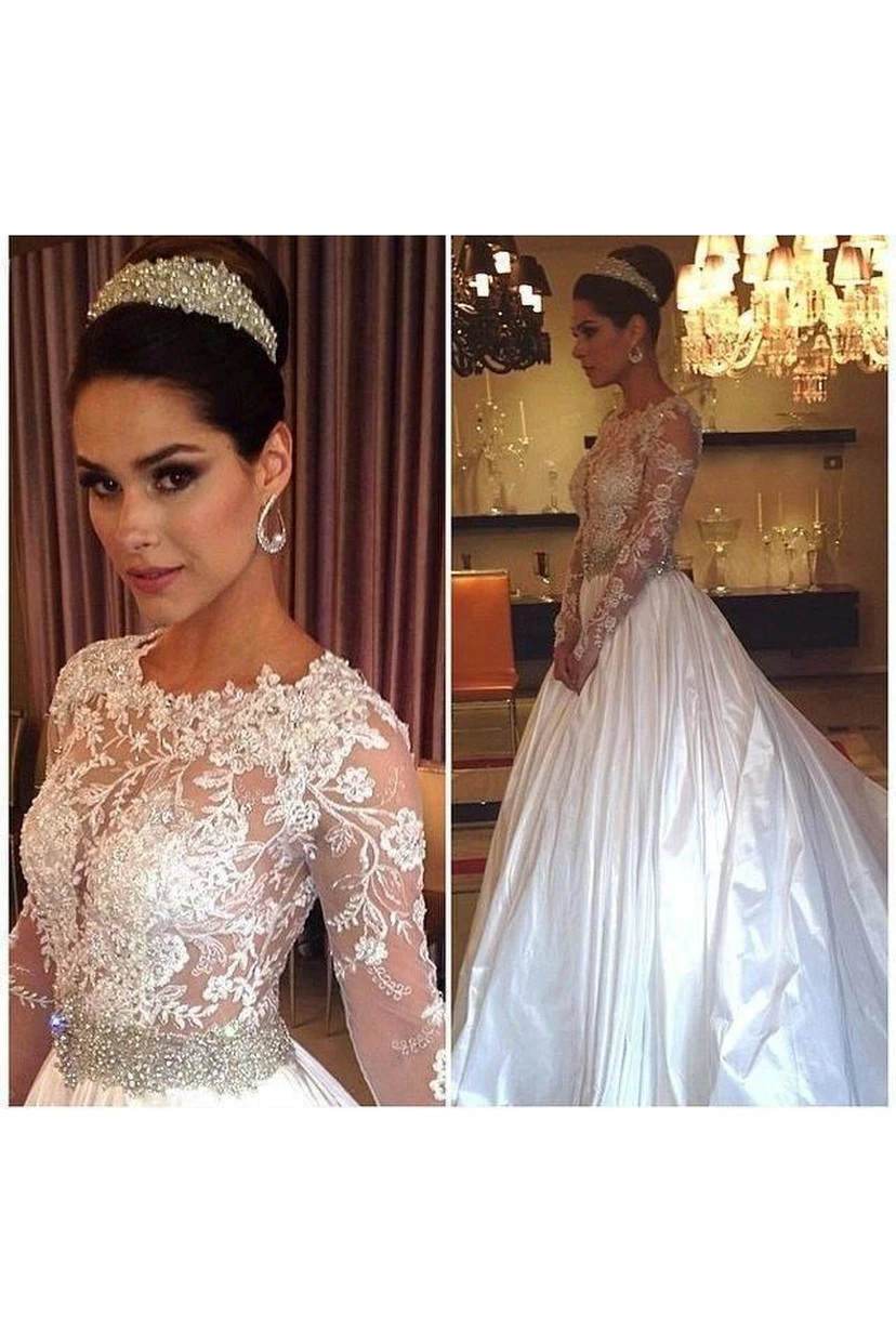 New Arrival Lace Appliques Long Sleeve Satin Wedding Dress Beadings Princess  view 2