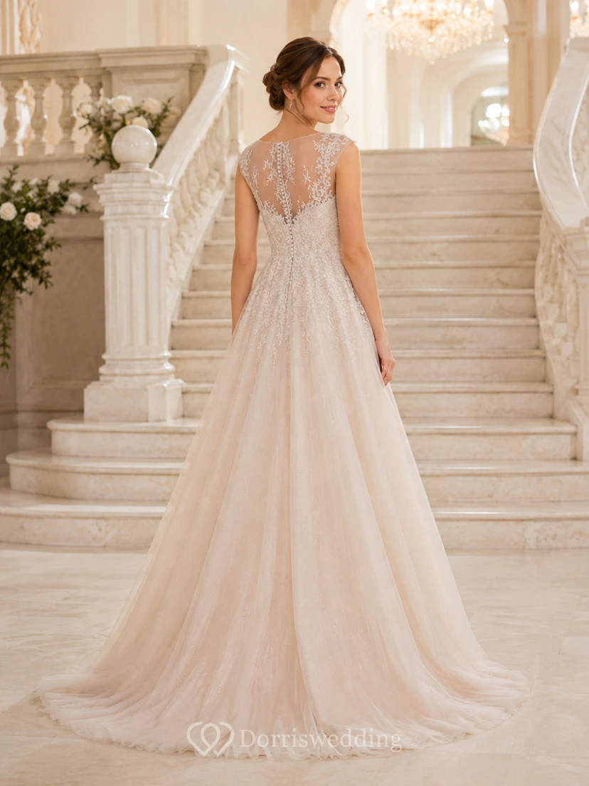 Robe de soirée champagne en tulle et dentelle à col V, coupe trapèze