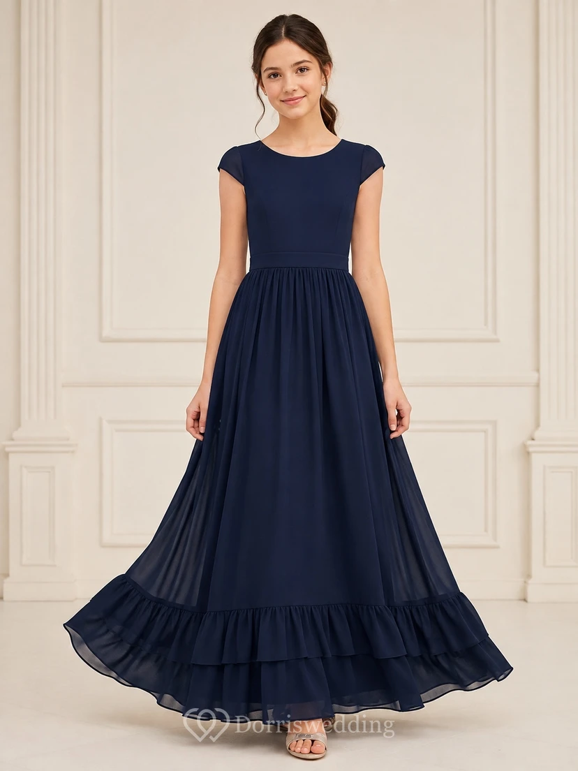Dunkelblaues Brautjungfernkleid für junge Damen, A-Linie, Rundhalsausschnitt, kurze Ärmel, Chiffon, Rüschensaum, romantisch