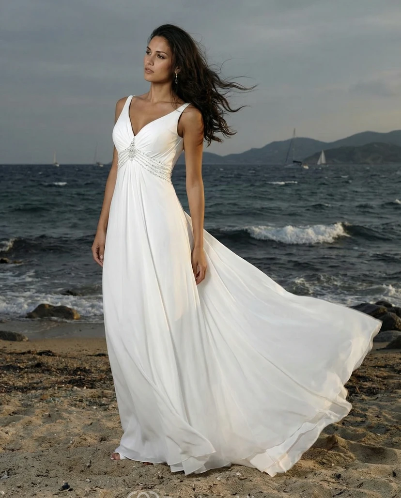 Robe de mariée vaporeuse à col en V pour la plage - Robe de mariée en mousseline sans manches à taille empire