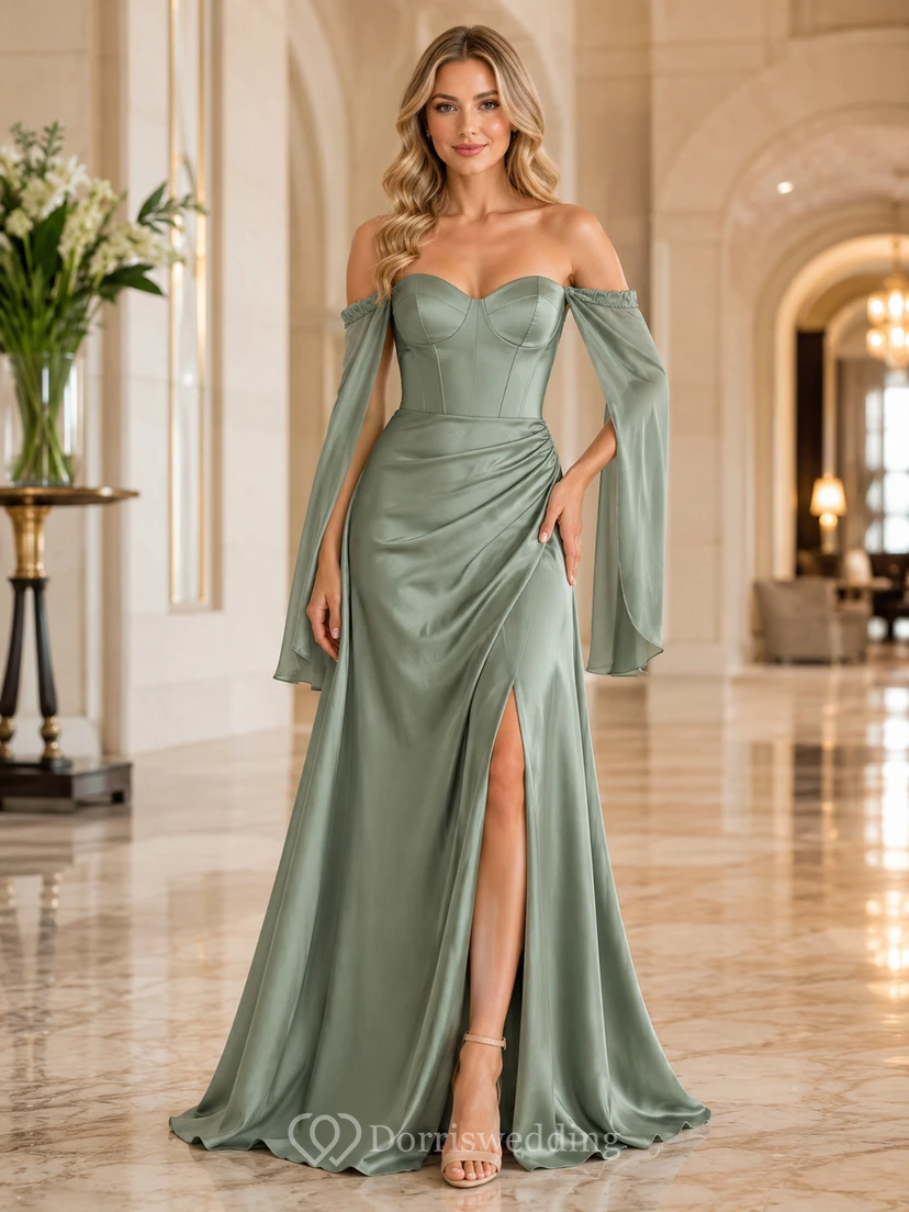Sage Off Shoulder Satin Detachable Sleeve Slit Gown