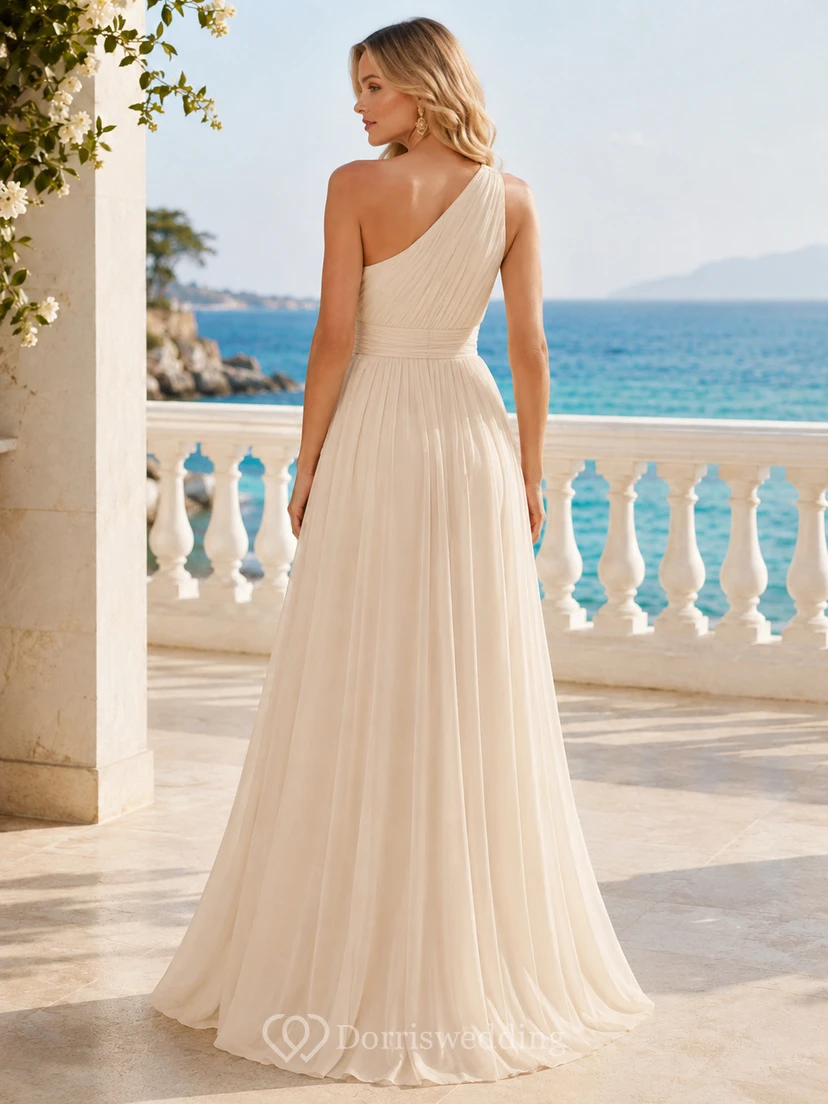 Champagne one shoulder slit chiffon oceanfront guest gown view 2